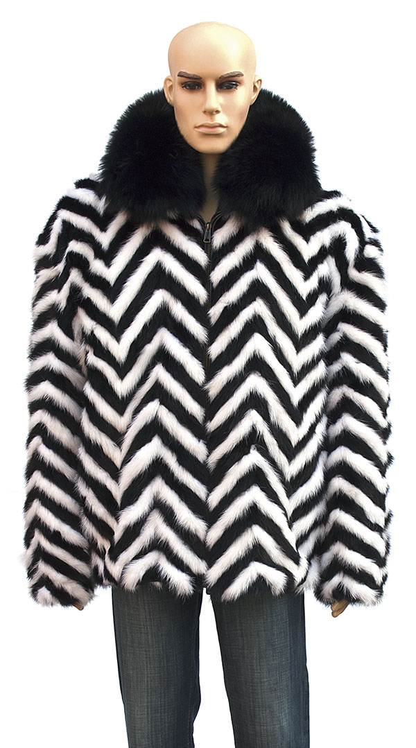 Winter Fur Black / White Chevron Mink Jacket With Black Fox Collar M39R01BWB.